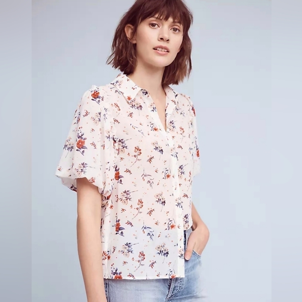 Anthropologie Maeve Dellaroe Floral Blouse Size Large Cottsgecore Ditzy Neutral - Picture 15 of 16